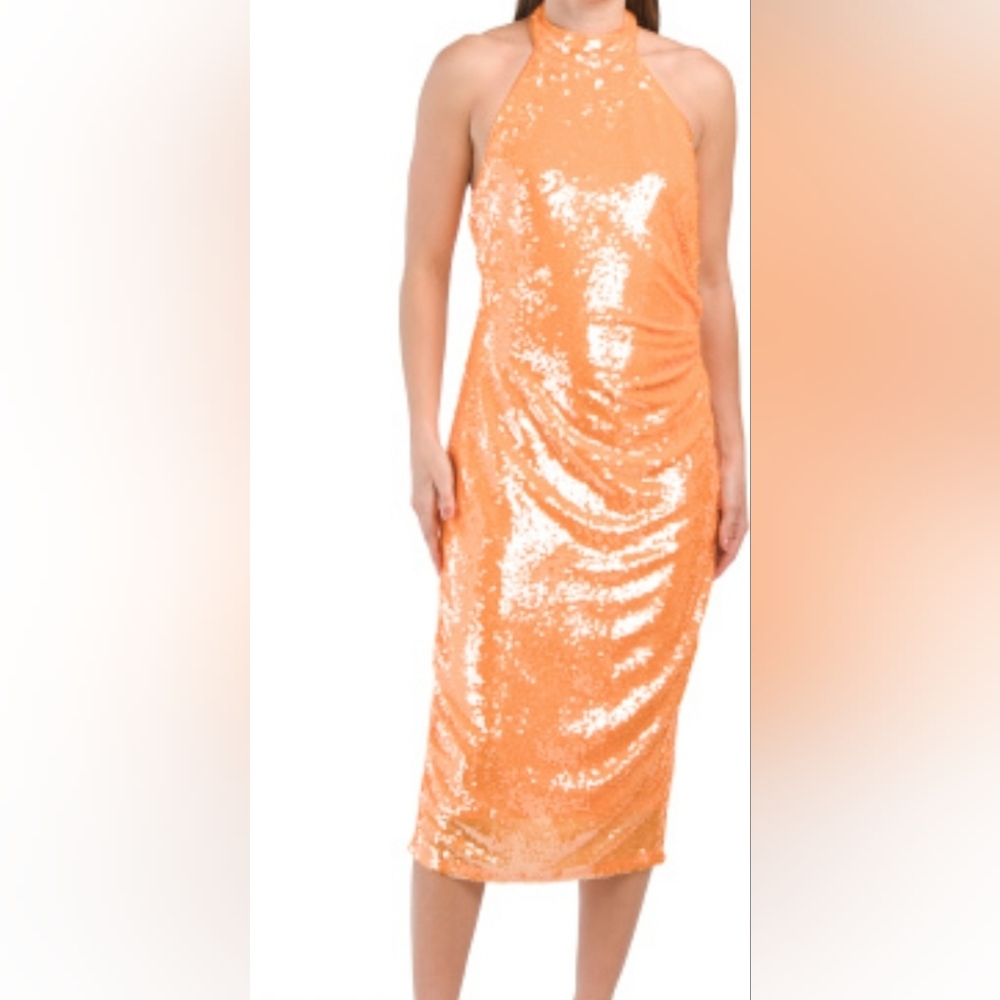 NWT Stunning CAROLINE CONSTAS Orange Halter Fully Lined Midi Sequin Dress Size M